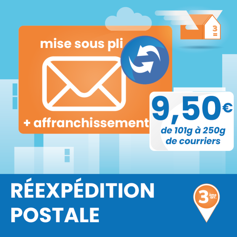 Service annexe à la boîte postale : réexpédition ponctuelle de courriers jusqu'à 250g.