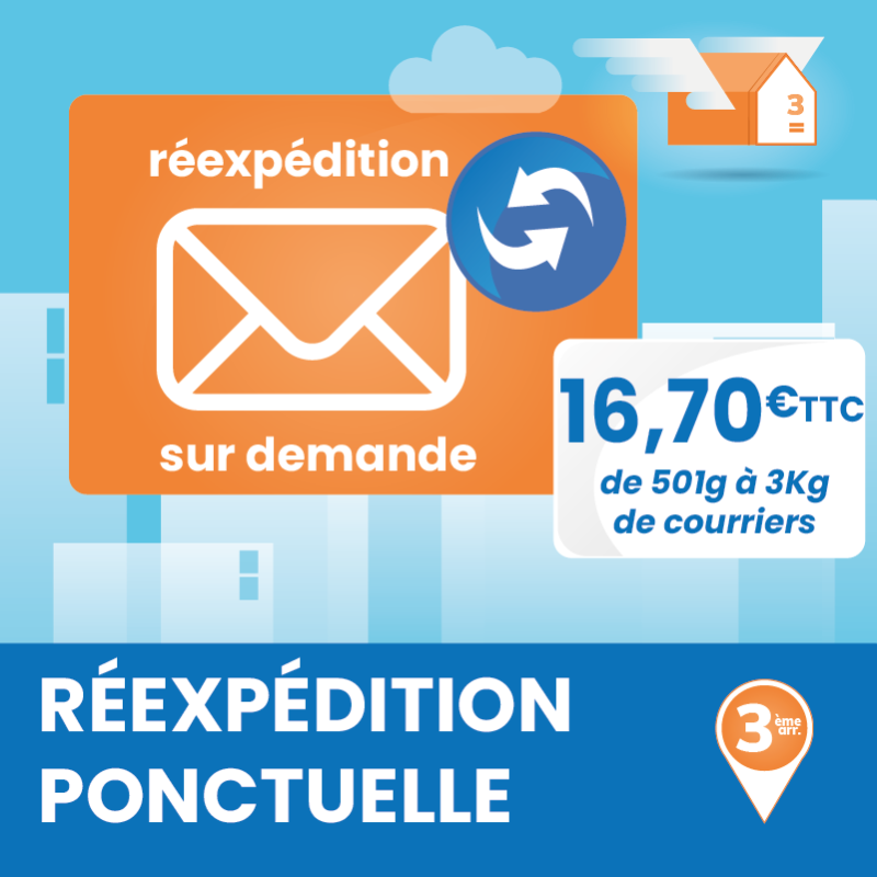 Service annexe à la boîte postale : réexpédition ponctuelle de courriers jusqu'à 3Kg.